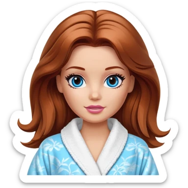 Barbie's face eyes blue with shoulder-length reddish-brown hair, makeup, cream smeared on her face , in a bathrobe with sticker