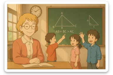 Escena en aula: profesora rubia de pelo corto y gafas redondas, sonriente, tres alumnos explican una diapositiva de geometría, estilo ghibli sticker