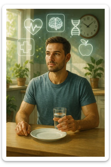A realistic, cinematic illustration of a healthy, calm man in his early 30s sitting in a bright kitchen in the morning, with an empty plate in front of him and a glass of water in his hand, looking serene and focused. Behind him, the background shows subtle symbols of health: green plants, sunlight streaming in, and a blurred wall clock showing 10:00, symbolizing the fasting window. Above the man, a translucent overlay of medical icons (heart, brain, DNA strand) glows softly, illustrating that intermittent fasting acts as a powerful medicine, not merely a diet. The color palette is fresh and natural, emphasizing health, clarity, and focus. The style is realistic with slight cinematic tones, conveying that the man is using intermittent fasting as a tool for cellular regeneration, inflammation reduction, and health optimization rather than weight loss sticker