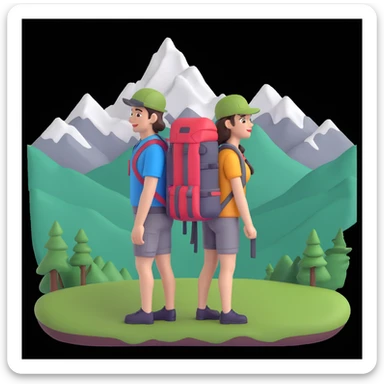 back packer couple posing, mountains in background,   close up pose sticker