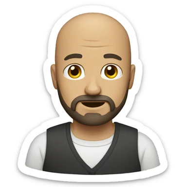 A middle-age man with a brown beard and a bald head sticker