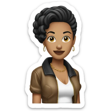 Tanned woman with black hair dressed in 1990s hip hop hair, makeup, and attire  sticker