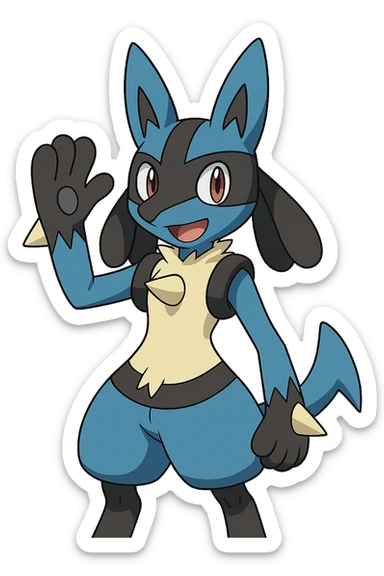 Lucario, friendly expression, waving, blue and black fur, anime-inspired sticker
