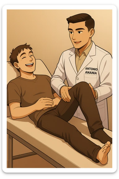 fai un webtoon manga a colori con questo stile, in cui un uomo è steso sul lettino medico e il kinesiologo con il camice bianco (fagli anche la scritta "ANTONIO ANANIA" SUL CAMICE, gli solleva una gamba per fargli il test neuromuscolare, IL KINESIOLOGO SPIEGA ALL'UOMO UNA cosa mentre gli alza la gamba. l'espressione dell'uomo è felice e soddisfatta, non fare i fumetti però, fai solo in modo che sembri stiano parlando, il lettino fai in modo che si veda tutto intero sticker