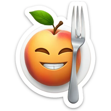 Smiling face with a fork and knife in front of a peach  sticker