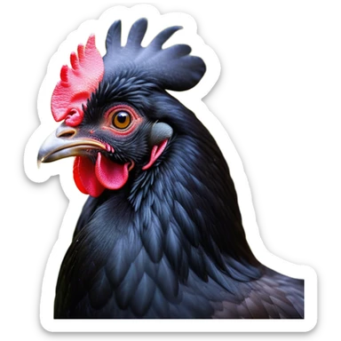Cinematic Noble Black Chicken Portrait Emoji, Poised and regal, with a compact, sturdy build and a glossy, well-groomed pure black plumage, deep-set soulful beady eyes, Simplified yet sharp and sophisticated features, highly detailed, glowing with a soft, dignified glow, high shine, intelligent and alert, stylized with an air of mysterious elegance, focused and attentive, soft glowing outline, capturing the essence of a watchful and confident fowl, so majestic it feels as though it could strut out of the screen with effortless authority! sticker