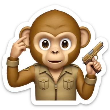 “A monkey covering his mouth with one hand and holding a gun to his head with the other hand.” sticker