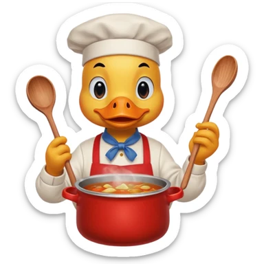 A duck wearing red apron stirring soup in a small pot, looking very focused. sticker