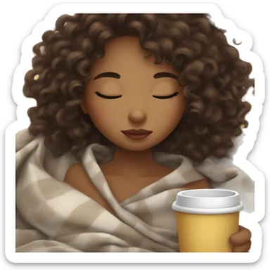 Curly girl brunette inside a blanket sipping coffee eyes closed sticker