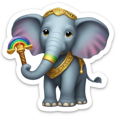 An elephant with a golden staff that’s rainbow colored sticker