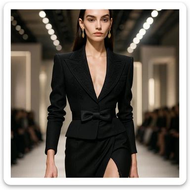 a high-fashion model girl with thin eyebrows, straight dark hair, full lips, and a shapely body, wearing designer clothes sticker