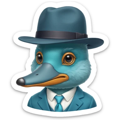 cute light blue turqiouse platypus head with a detective hat and monocle on his eye, no  hands, looks like a platypus but blue, the hat and suit are not blue sticker