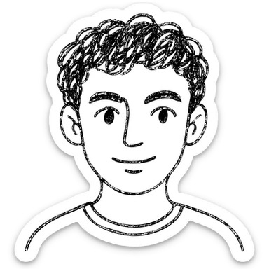 good looking young adult boy with brown curly hair and brown eyes, hand drawn outline icon sticker