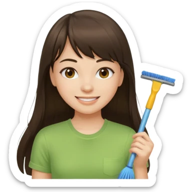 girl brunette with bangs long hair cleaning light green shirt sticker