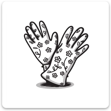 Garden gloves with floral pattern in pastel colors (dd9fb0, ffc6d3, a3bfc9, c4bee2, f1b091), hand-drawn doodle style sticker