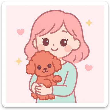 a cute woman holding a red toy poodle, playful and sweet, pastel tones, minimal background sticker