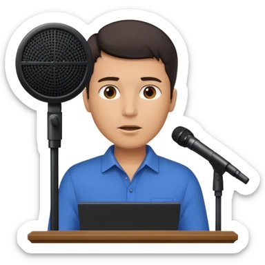 A man speaks into a microphone, and there is a prompter screen in front of him. sticker