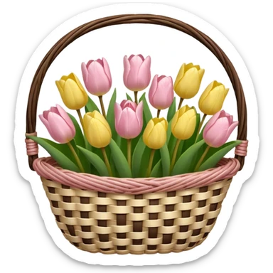 A flower basket contained pale pink and pale yellow tulips. sticker