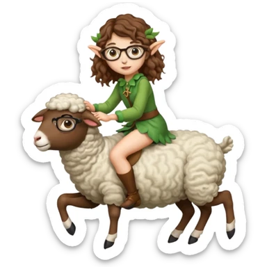 tiny forest elf woman brown wavy hair glasses riding a sheep sticker