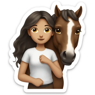 Girl with dark brown hair hugging brown horse with white spots  sticker