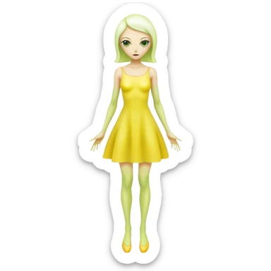 white alien woman full body Green eyes in jellow  dress sticker