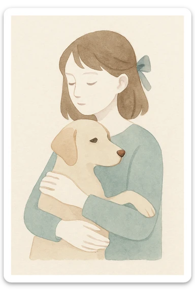 A pale girl with brown shoulder-length hair tied with a ribbon hairclip, holding a dog sticker