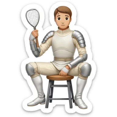 epee fencer sitting on a stool holding a fencing mask under his arm waiting for the match sticker