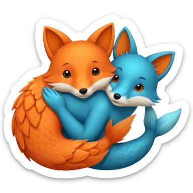 An orange fish and a teal blue fox, that are hugging or cuddling each other sticker