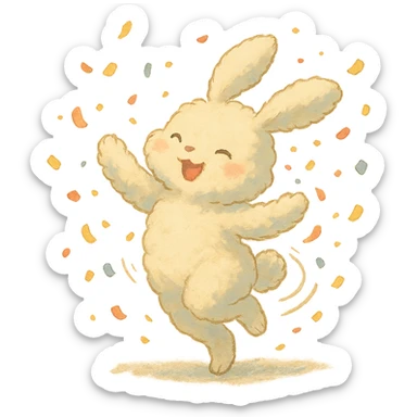 cotton bunny throwing confetti and spinning in soft Ghibli style sticker