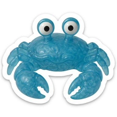 hyper-detailed retro 90's toy style see-through semi-transparent blue plastic crab with derpy eyes soft plastic soft reflections soft and squishy some cloudiness not shiny highly detailed appealing no tag no background sticker