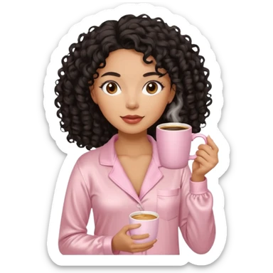 Mixed-race woman with caramel skin and black curly hair, slim thick figure, wearing beige satin pajamas, holding a pastel pink coffee cup, minimal background sticker