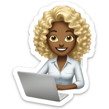 Happy ladies designing her new office with blonde curly hair sticker