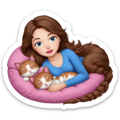 girl with long wavy brown hair, blue eyes, long lashes makeup, sexy pink lips, sleeping on a cozy pillow with 6 cats sticker