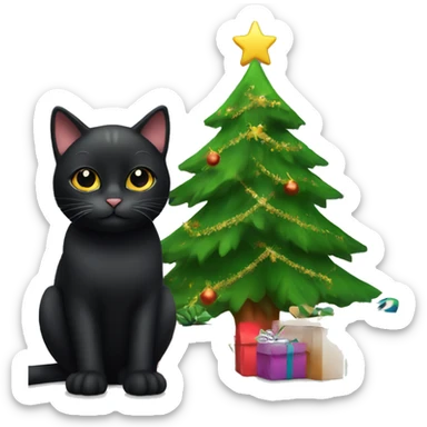 cute black cat with christmas tree sticker