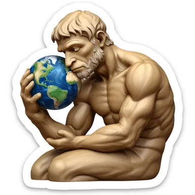 rodins sculpture the thinker but with a planet earth in its hand in a cartoon art style sticker