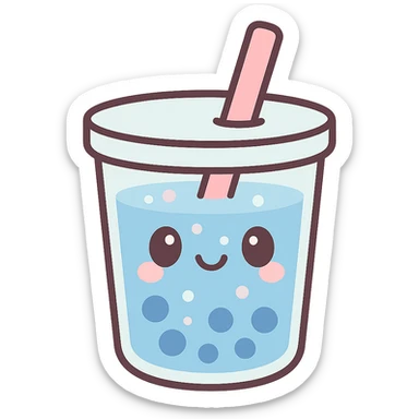 cute blue drink in a cup with a smiling face, bubbles and a straw, kawaii style sticker
