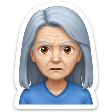 a portrait of angry elderly woman, long hair, wearing shirt sticker