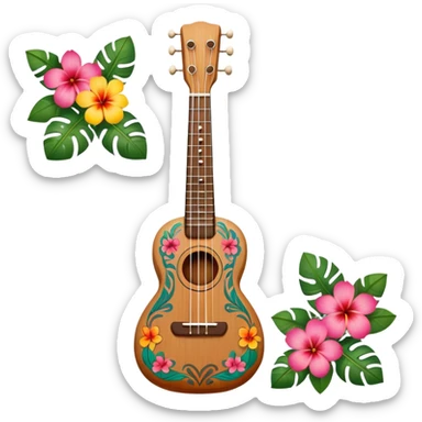 Ukulele with Polynesian carvings with flowers behind it sticker