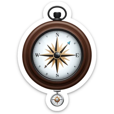 Clear glass orb with black compass needle pointing right, suspended by thin brown leather cord, bright white glowing dial face with dark rim sticker