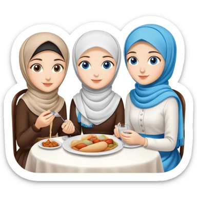 Turkish beautiful finish Konya girls blue eyes with lovely hijab long tail dress and the two friends sits on the chair on the ground and eating the food in the restaurant  sticker