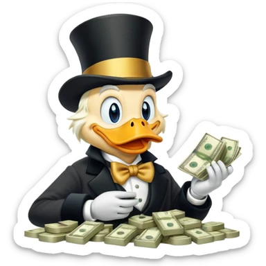 Scrooge McDuck counting money, rich duck character with top hat sticker