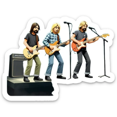 Icon for Rock Music: Nirvana performing on stage with Kurt Cobain on guitar and vocals, Krist Novoselic on bass, and Dave Grohl on drums. A grunge-inspired vibe with dynamic stage lighting and musical energy. Transparent background. sticker