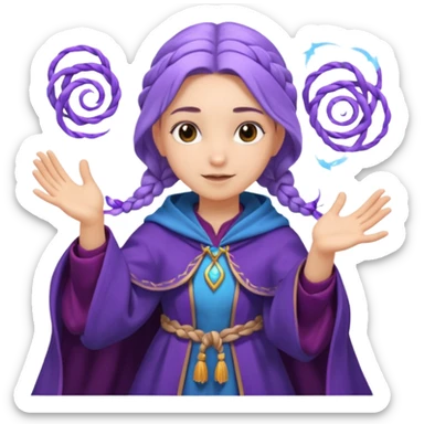A playful mage girl with braids, purple cloak, and magic swirling around her hands.
 sticker