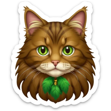 je veux un emoji chat main coon marron foncé  à poil long avec les yeux vert jaunes, en entier assis stp  sticker