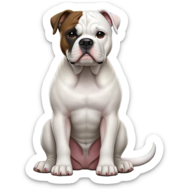 cinematic-[american bulldog]-realistic-full-body-sitting-emoji,-tail-resting-loosely-beside-its-paws,-head-tilted-dramatically,-sleek-[pied black]-fur,-simplified-yet-realistic-focused-features,-highly-detailed,-glowing-with-an-almost-sarcastic-glow sticker