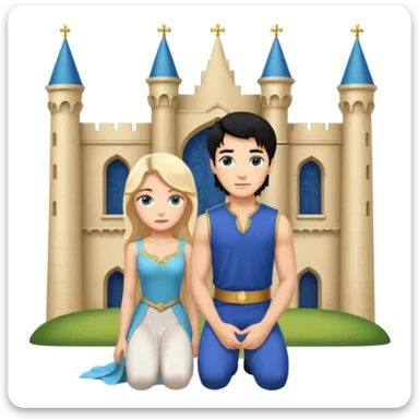 Man as prince, upright, black Hair, blue eyes, woman, blonde, green eyes, shott white sleveless Dress, kneeling, background palace sticker