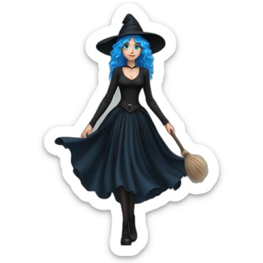 Blue-haired blue-eyed witch in black full skirt full length sticker