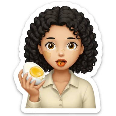 Girl with black curly hair eating boiling egg sticker