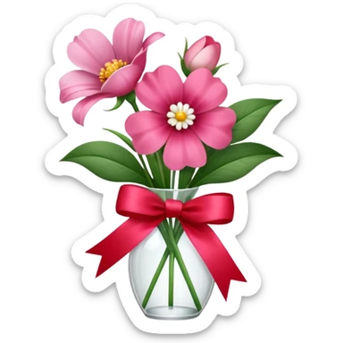 One pink flower and one white flower in transparent bouquet with red band  sticker