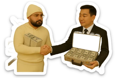 Edit the image to make the money appear to be laying realistically on the Asian man, as if it is naturally resting on him. Keep the briefcase filled with US money, Cartier glasses on the man in the white hoodie, and the car in the background. Maintain a transparent background. sticker
